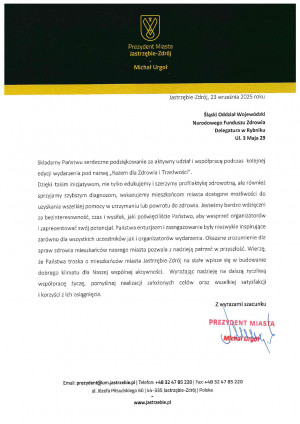 Podziękowanie dla Delegatury Śląskiego OW NFZ w Rybniku za aktywny udział i współpracę podczas wydarzenia „Razem dla Zdrowia i Trzeźwości”