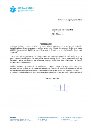 Podziękowania dla pracowników Śląskiego OW NFZ za udział w X Pikniku Zdrowia organizowanego w ramach Dnia Pacjentów Szpitali Miejskich w Siemianowicach Śląskich