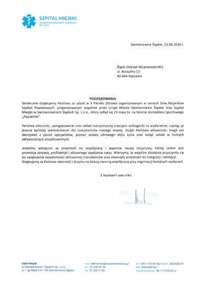 Podziękowania dla pracowników Śląskiego OW NFZ za udział w X Pikniku Zdrowia organizowanego w ramach Dnia Pacjentów Szpitali Miejskich w Siemianowicach Śląskich