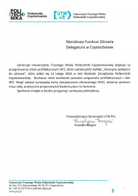 Podziękowanie Samorządu Uniwersytetu Trzeciego Wieku Politechniki Częstochowskiej dla Delegatury Śląskiego OW NFZ w Częstochowie
