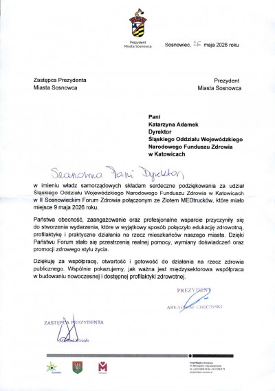 Podziękowania za udział w FORUM ZDROWIA w Sosnowcu