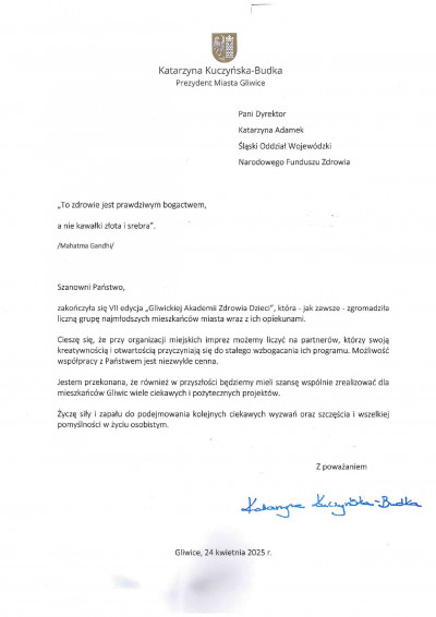 Podziękowanie dla Śląskiego OW NFZ za wsparcie VII edycji „Gliwickiej Akademii Zdrowia Dzieci”