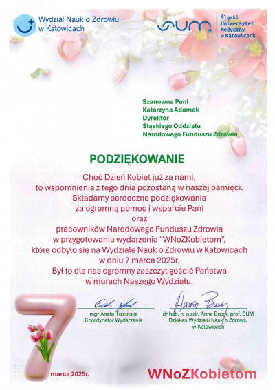 Podziękowanie Wydziału Nauk o Zdrowiu Śląskiego Uniwersytetu Medycznego w Katowicach dla Śląskiego OW NFZ za wsparcie wydarzenia