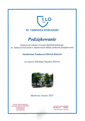 Podziękowanie I Liceum Ogólnokształcącego dla Śląskiego OW NFZ za wsparcie wydarzenia