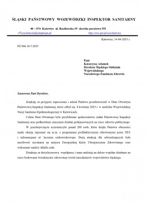 Podziękowanie dla Śląskiego OW od  Śląskiego Państwowego Wojewódzkiego Inspektoratu Sanitarnego