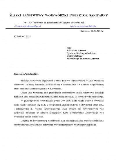 Podziękowanie dla Śląskiego OW od  Śląskiego Państwowego Wojewódzkiego Inspektoratu Sanitarnego