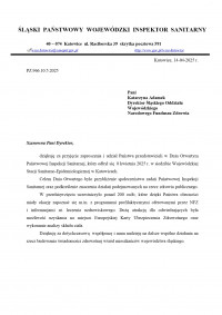 Podziękowanie dla Śląskiego OW od  Śląskiego Państwowego Wojewódzkiego Inspektoratu Sanitarnego