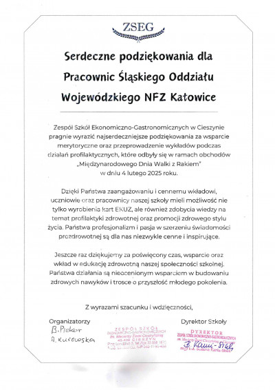 Podziękowanie Zespołu Szkół Ekonomiczno-Gastronomicznych w Cieszynie dla Śląskiego OW NFZ za wsparcie akcji profilaktycznej