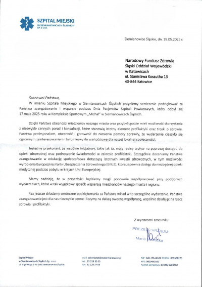 Podziękowanie dla Śląskiego OW NFZ za udział w Dniu Pacjentów Szpitali Powiatowych