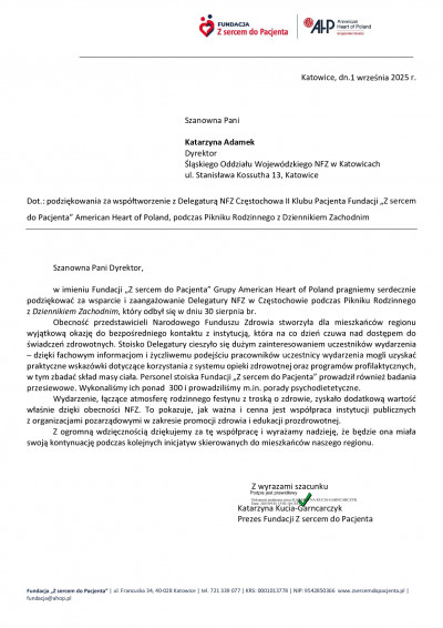Podziękowania za współtworzenie II Klubu Pacjenta Fundacji „Z sercem do Pacjenta” American Heart of Poland z Delegaturą NFZ Częstochowa podczas Pikniku Rodzinnego z Dziennikiem Zachodnim