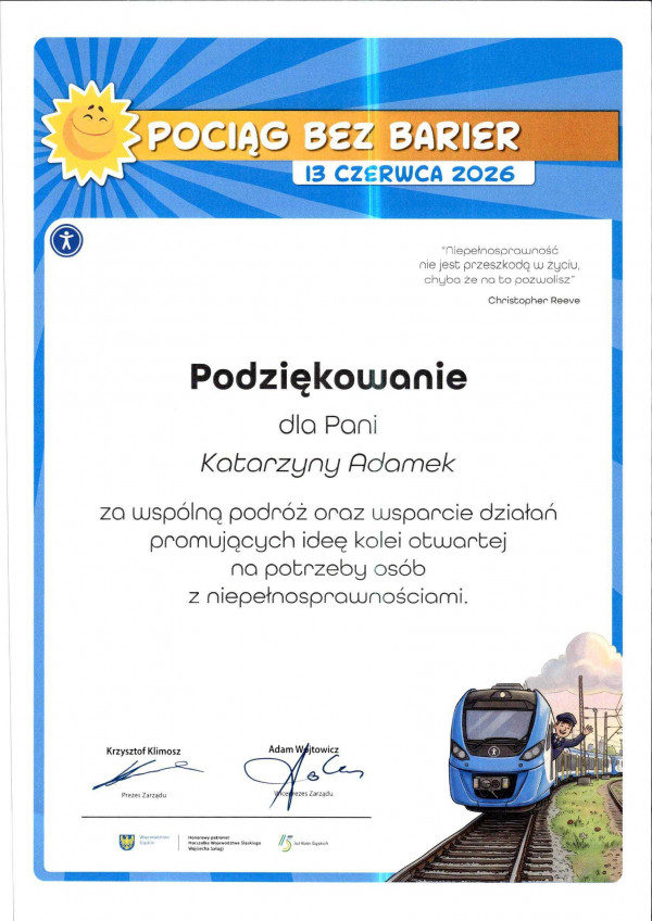 Podziękowanie za współpracę przy organizacji wydarzenia „Pociąg bez barier”.