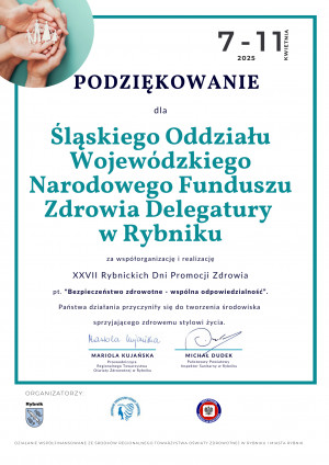 Podziękowania dla Delegatury Śląskiego OW NFZ w Rybniku