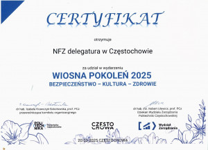 Podziękowanie Politechniki Częstochowskiej dla Delegatury Śląskiego OW NFZ w Częstochowie