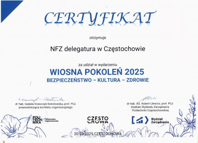 Podziękowanie Politechniki Częstochowskiej dla Delegatury Śląskiego OW NFZ w Częstochowie