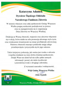 Podziękowanie dla Śląskiego OW NFZ za wsparcie w organizacji „Dnia Zdrowia” we Wręczycy Wielkiej