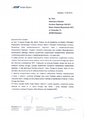 Podziękowanie za wsparcie wydarzenia pt. „Pociąg bez barier”