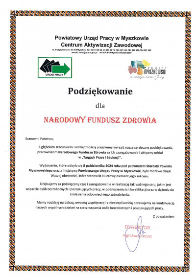 Podziękowanie Powiatowego Urzędu Pracy w Myszkowie