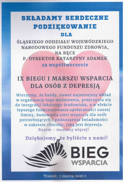 Podziękowanie dla Śląskiego OW NFZ za wsparcie Parafialnego Biegu i Marszu Wsparcia dla Osób z Depresją