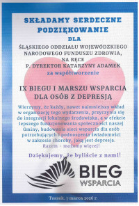 Podziękowanie dla Śląskiego OW NFZ za wsparcie Parafialnego Biegu i Marszu Wsparcia dla Osób z Depresją